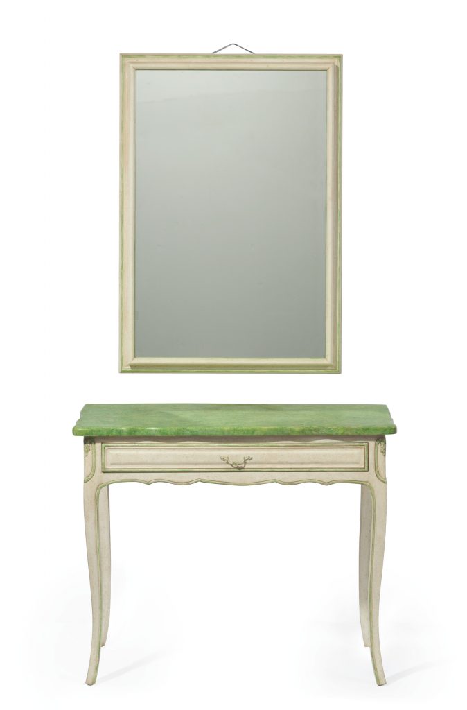 LOUIS XV STYLE CREAM AND GREEN-PAINTED TABLE AND MIRROR