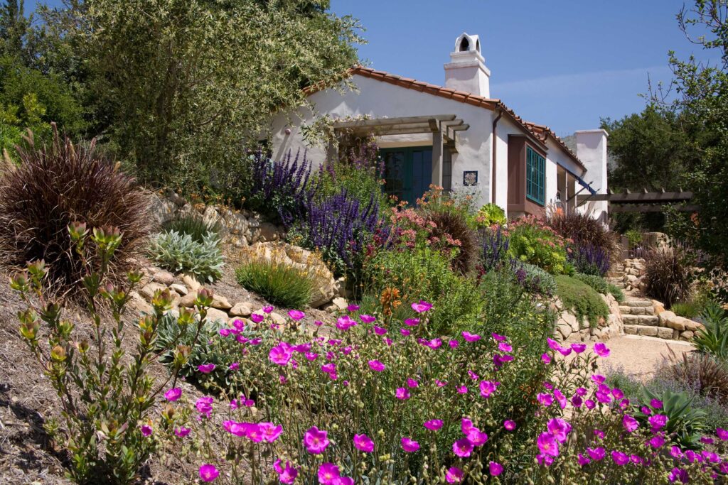 Uncontrived, lush with exotica and featuring ponds and porticos, stonework and sculpture, “garden” actually seems too provincial a term for the hybrids of function and fantasy that Grace creates. Hers is a fine eye and a remarkable hand. “As a licensed landscape contractor, I build what I design,” she says. “That’s when my work took a big leap forward. There is no separation between design, installation, and maintenance, it’s all one and happens on a continuum. Unless it’s integrated, it doesn’t work—period.” This is how she thinks too, both pragmatically and painterly. Much like an artist, she uses “broad and fine brushstrokes” to transform a two-dimensional canvas into a three-dimensional work of art. And in a systematic fashion; first is attending to infrastructure beneath the ground, then to its surface with the layering of elements. Rocks, for instance, are not so much placed as they are selected and then worked such that their shadows will cause additional depth or bring color forward. From there the garden grows. One also sees this artistry in Grace’s exquisite new tome Private Gardens of Santa Barbara: The Art of Outdoor Living (Gibbs Smith), a rapturous showcase of her elegant outdoor Edens, from rustic to coastal to modern. Each of the book’s made-to-age milieus represents a temple of residential garden know-how and is illustrative of nonderivative design that reflects the character of the native landscape. “The Art of Outdoor Living” idea certainly accounts for the substantial exterior living rooms and heated floors of our era. “About 10 percent of outdoor living comes down to ‘my fort is cooler than your fort,’” Grace refreshingly confesses. But at the root, “it is a way to describe a lifestyle connected to nature.” For Grace, who went from toiling in the family garden to forsaking a career in medicine after a 13-week stint as a park ranger proved she’d long lost her heart to the natural world, this is the point. “Step outside and you hear birdsong, you smell water evaporating. It’s a rich and simple experience, but relaxed and comfortable. We take a deep breath and feel better. It’s so automatic we don’t even think of it, but it is a very profound thing. It’s experiential, there is intentionality to it.” Landscape as soul, nature as a relief—what a thing of beauty. gracedesignassociates.com Photos: Grace Design Associates And Holly Lepere Johnson (Home).