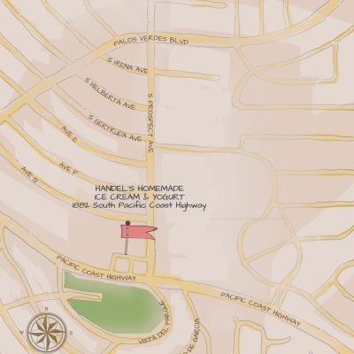Illustrated map showing the location of Handel's Homemade Ice Cream & Yogurt at 1882 South Pacific Coast Highway, with a red flag marker, street names, and a compass rose.