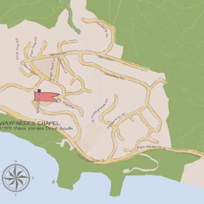 Hand-drawn map showing the location of Wayfarers Chapel at 5755 Palos Verdes Drive South, marked with a red flag, near the coast.