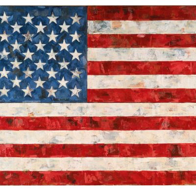 Jasper Johns, Flag, 1967. Encaustic and collage on canvas (three panels). 33 1/2 x 56 1/4 in. (85.09 x 142.88 cm). The Eli and Edythe L. Broad Collection Art © Jasper Johns / Licensed by VAGA, New York, NY