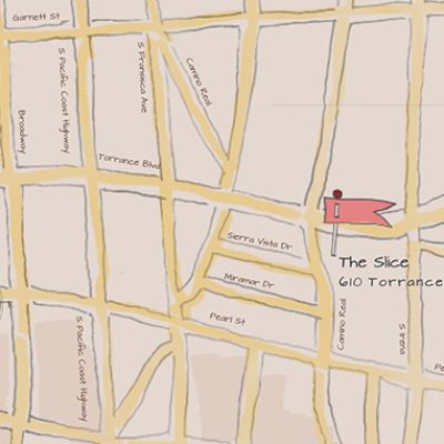 A hand-drawn style map highlighting the location of The Slice pizzeria at 610 Torrance Boulevard in Redondo Beach, near Pacific Coast Highway. A red flag pin marks the restaurant.